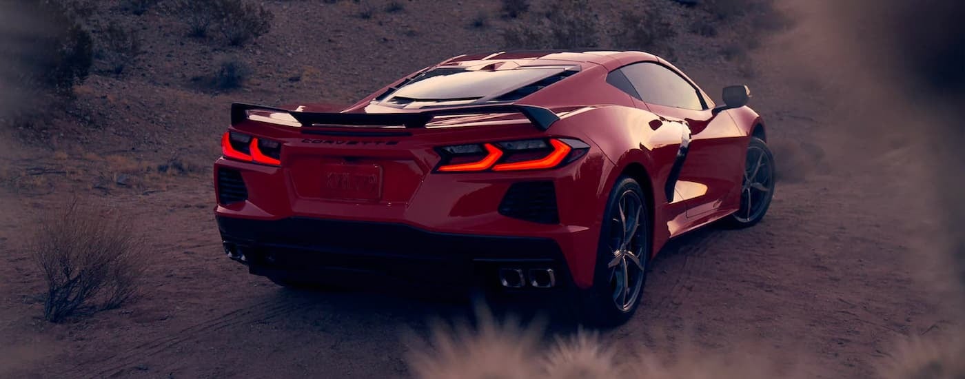 Red 2021 Chevy Corvette driving off-road
